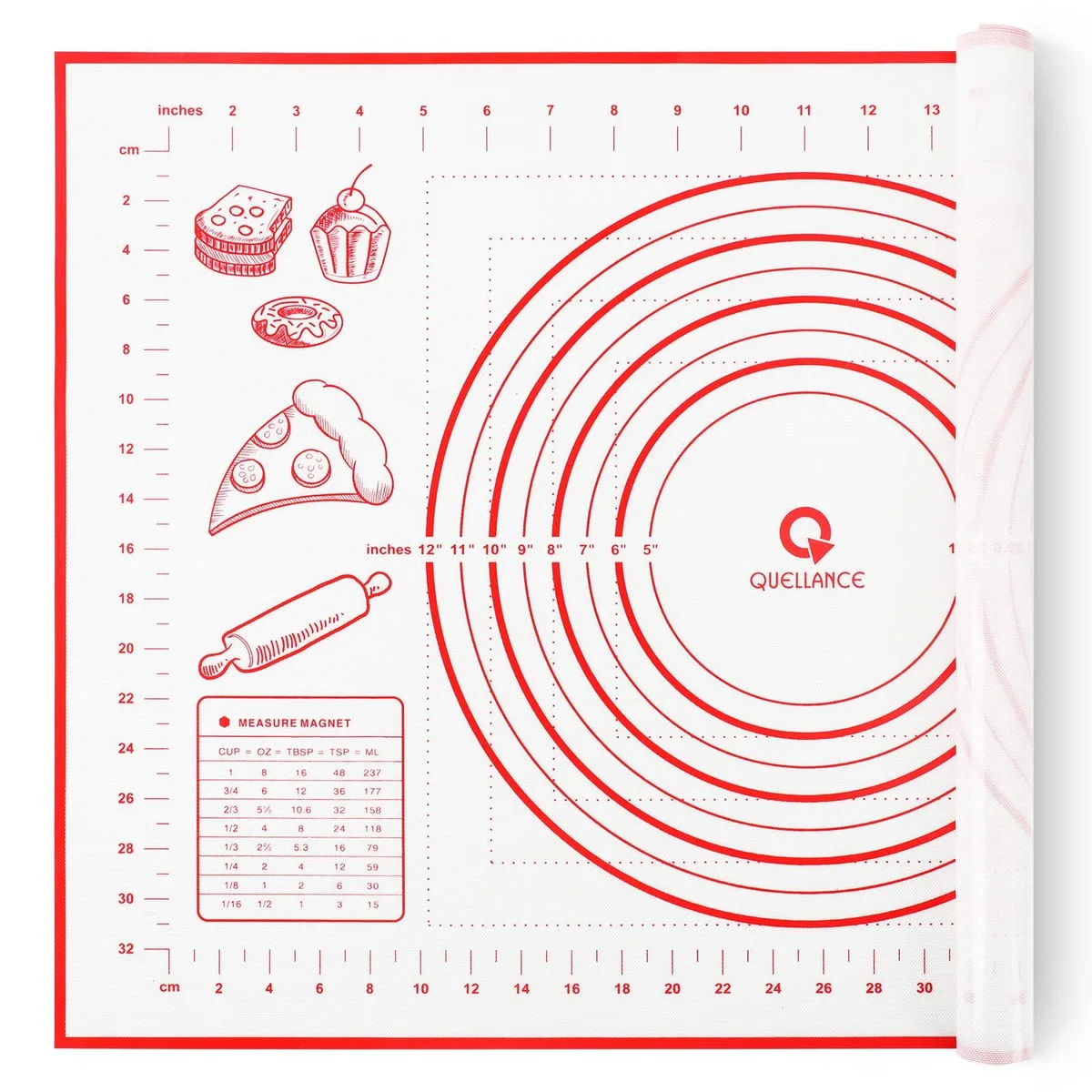 Red round silicone mat 40x60cm with printed measurement guides