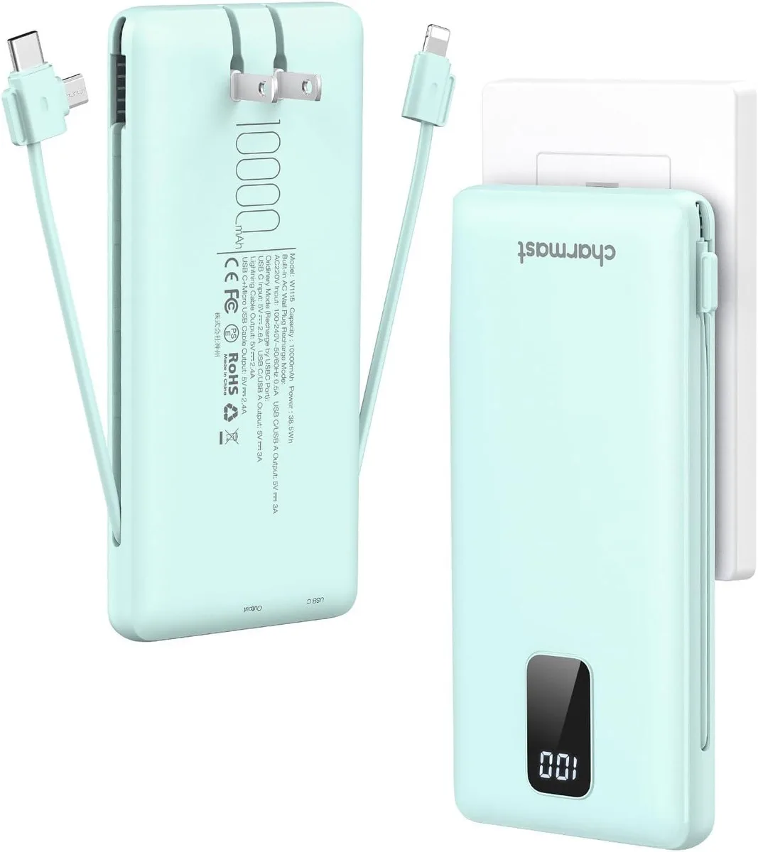iworkmart iworkmart 10000mAh Portable Charger 15W Built-in Cables Wall Plug Slim — product photo