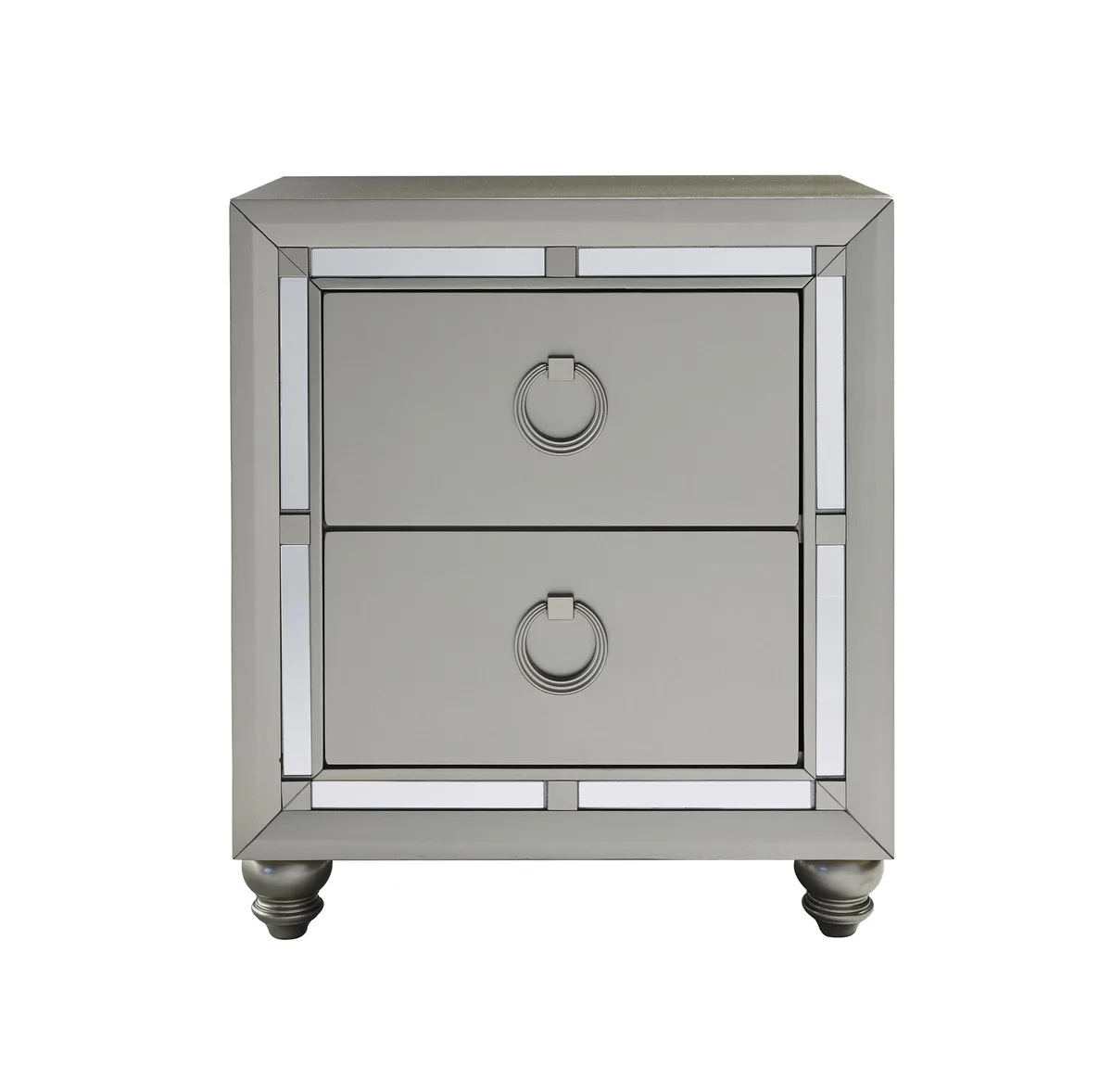 Silver and grey nightstand with mirror accents, bun feet, and spacious drawers