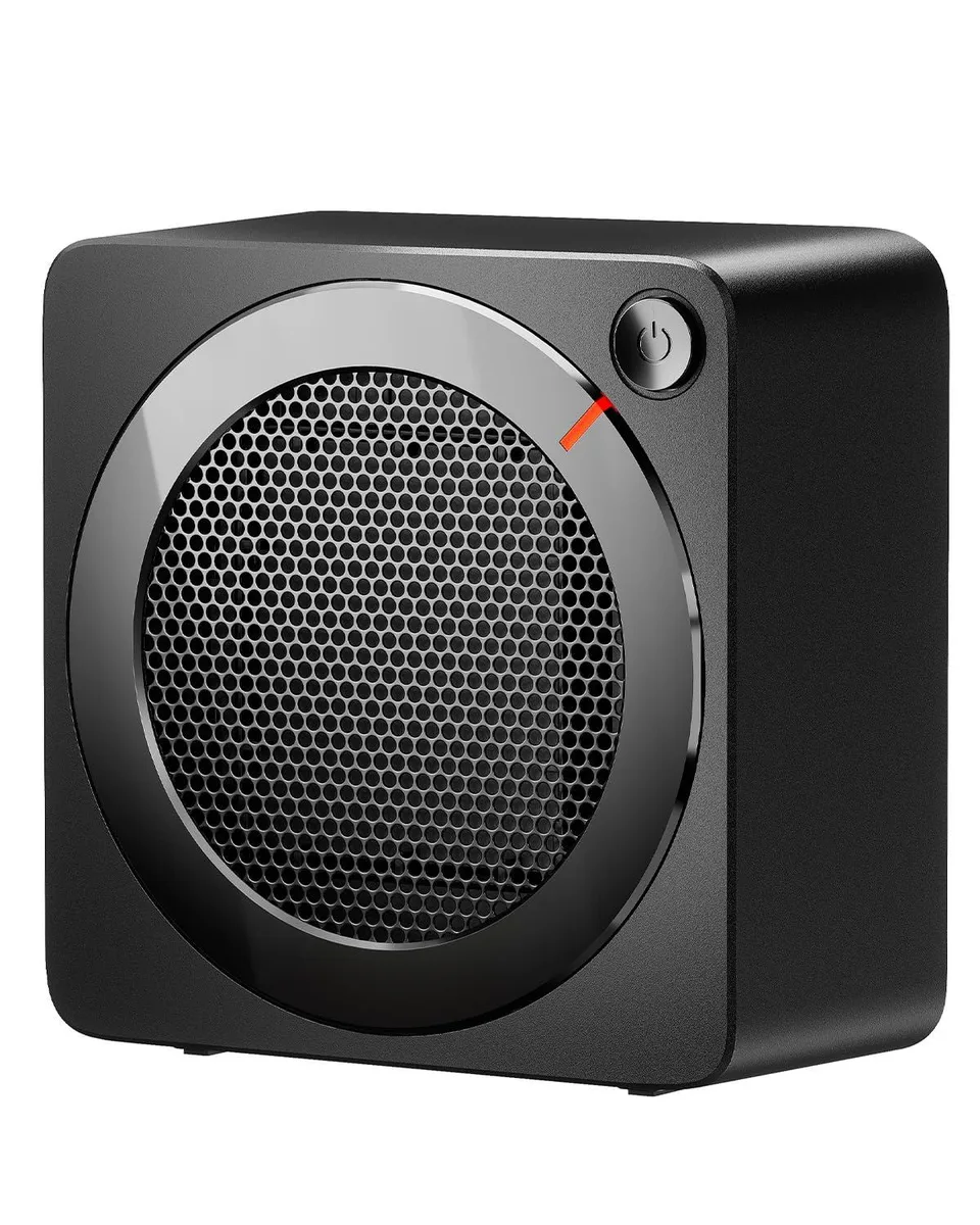 Compact black desktop ceramic heater with anti-slip base
