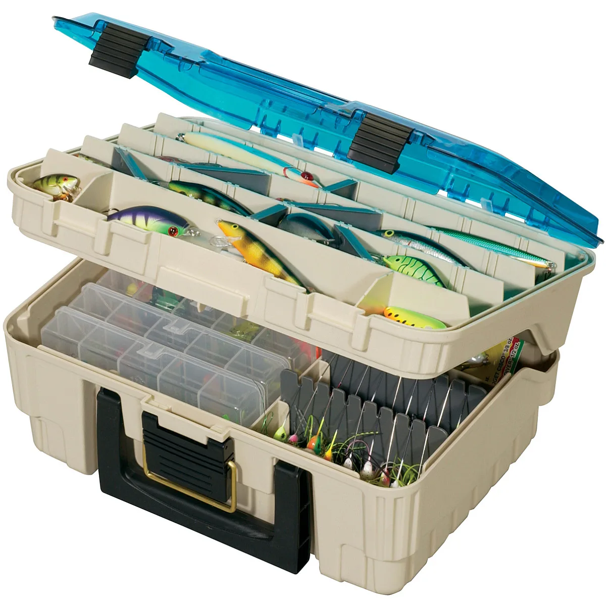 Rectangular beige tackle box with clear blue lid and carry handle