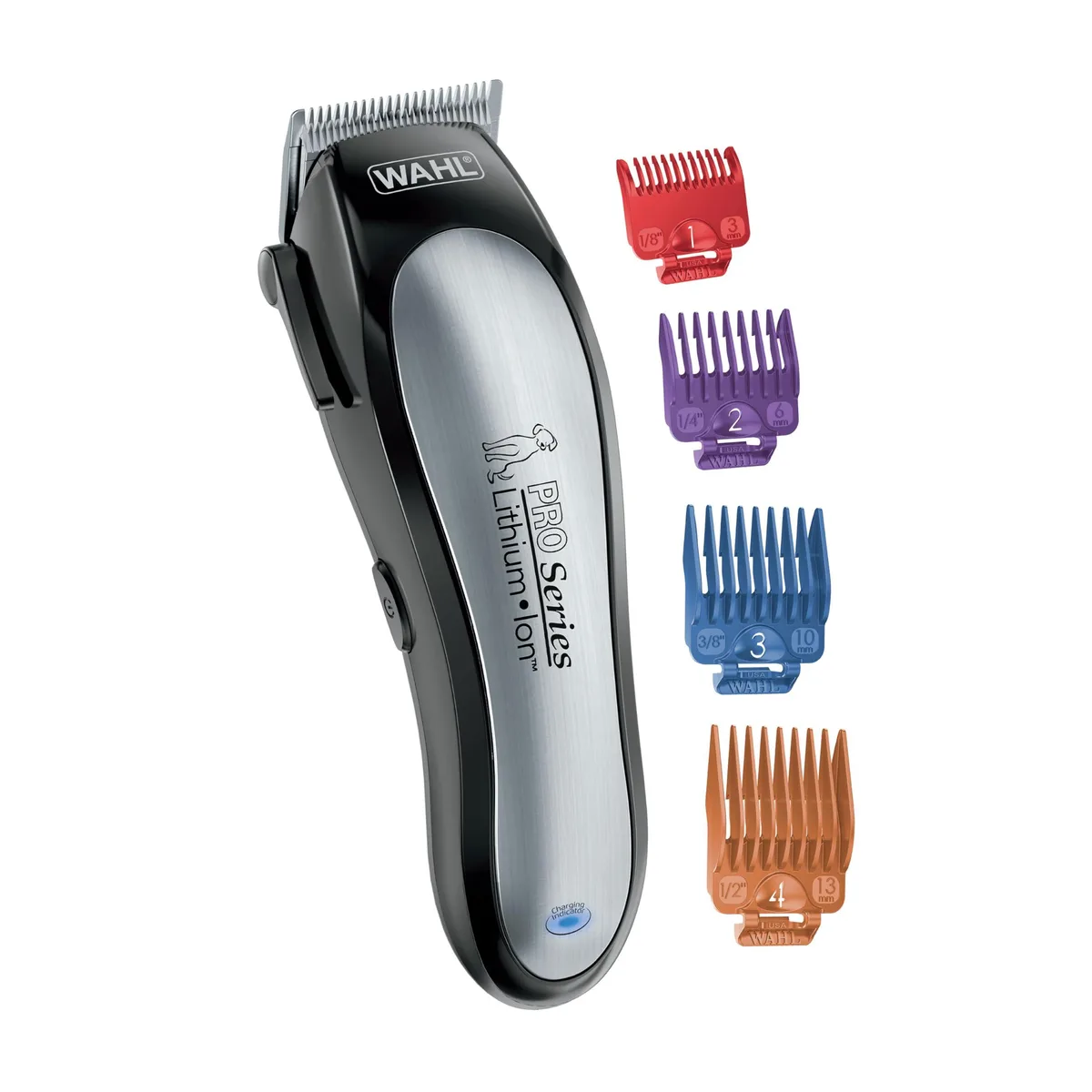 Black cordless pet clipper with stainless steel blades and guide combs