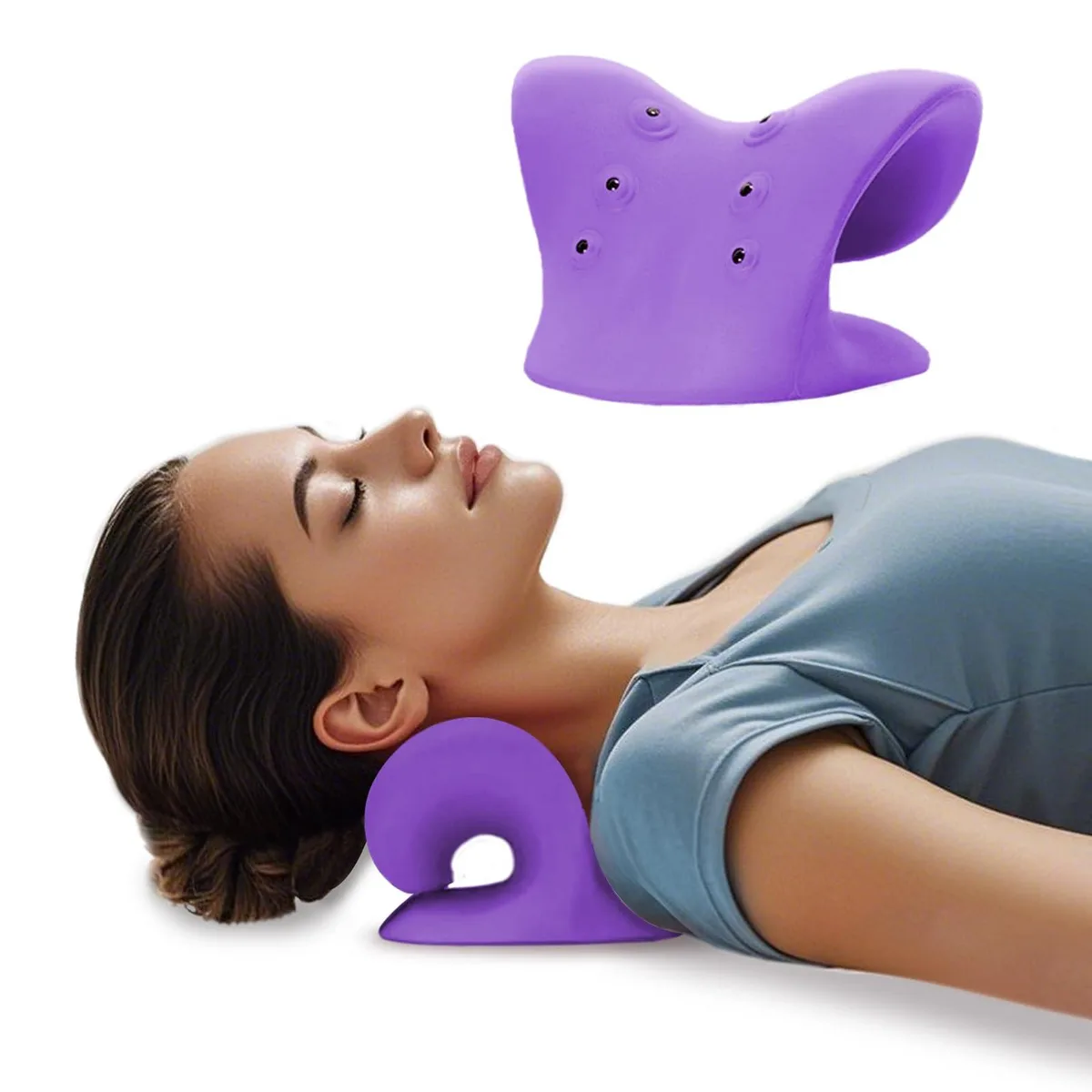 Purple C-shaped neck stretcher with six magnetic acupressure discs, lightweight EVA foam