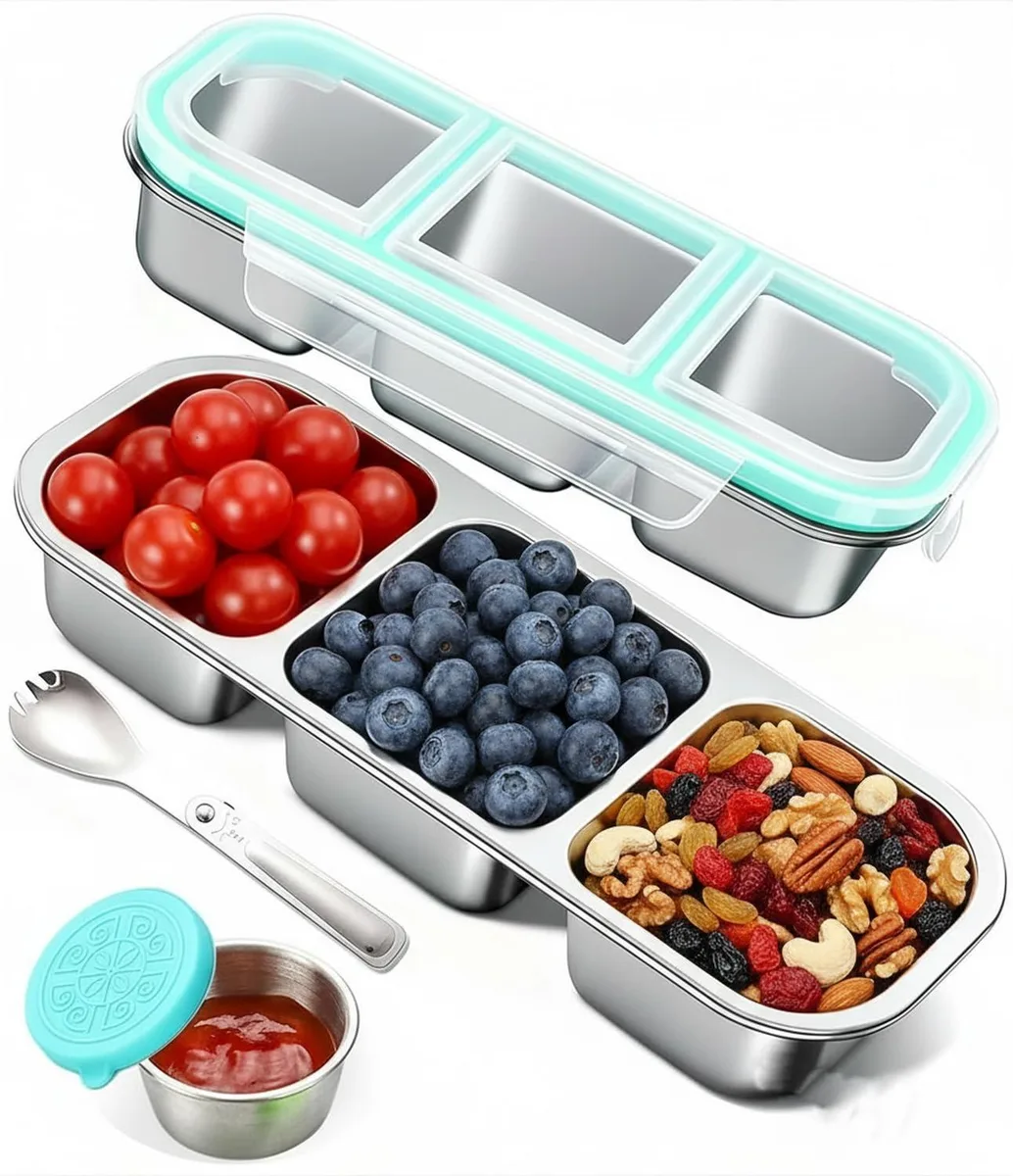 Red silicone three-compartment food container with lid, 700ml capacity