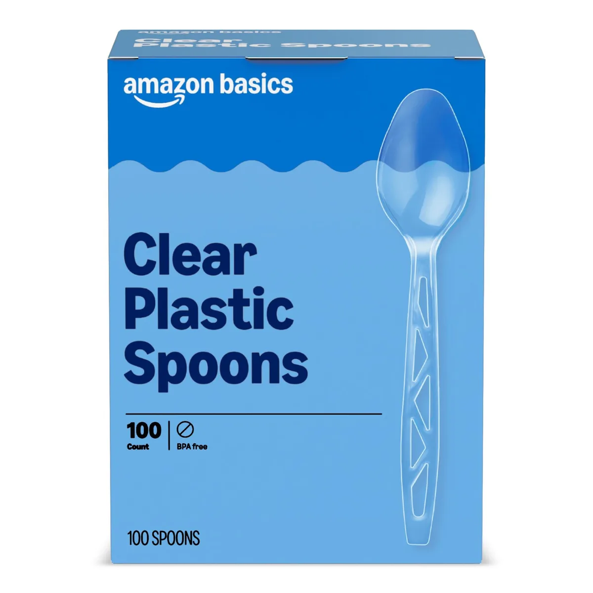Clear plastic spoons with cut-out handles in bulk packaging