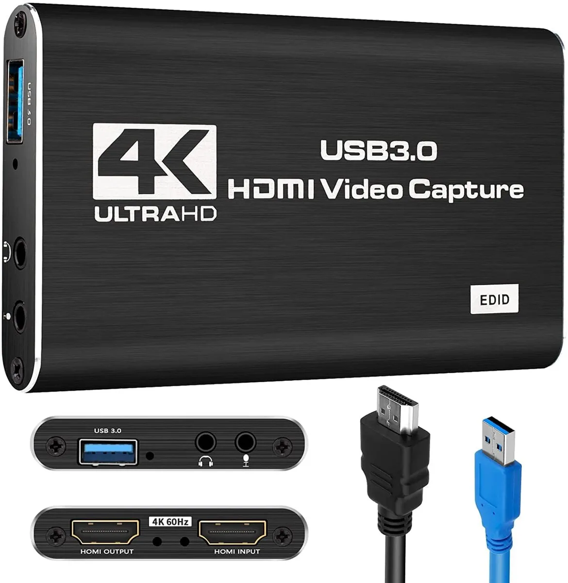 Compact black capture card with HDMI and USB 3.0 ports