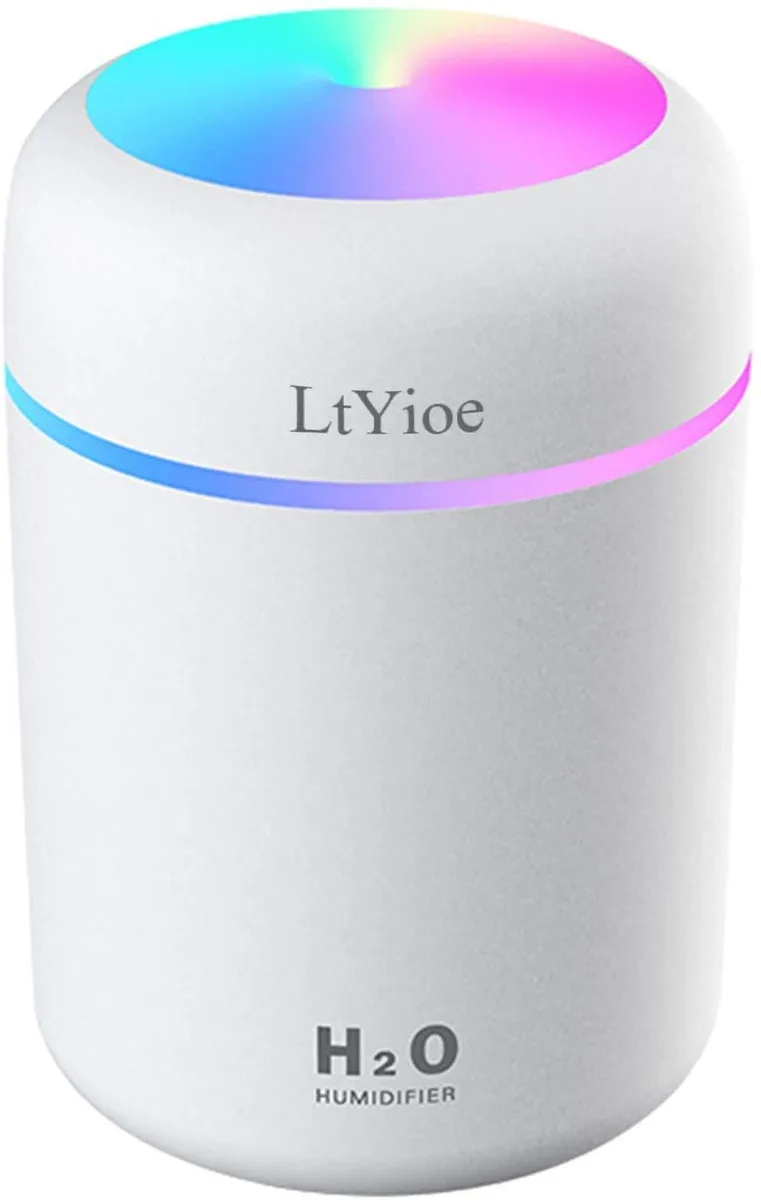 White mini humidifier with colourful cycling light, USB powered, compact desktop form