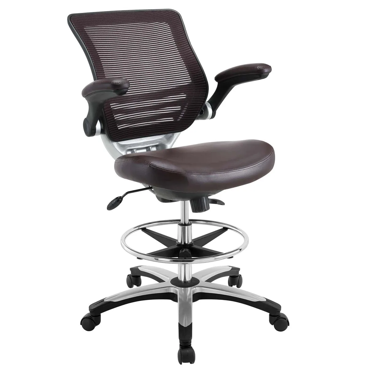 Brown mesh-back drafting chair with vinyl seat, foot ring and flip-up arms