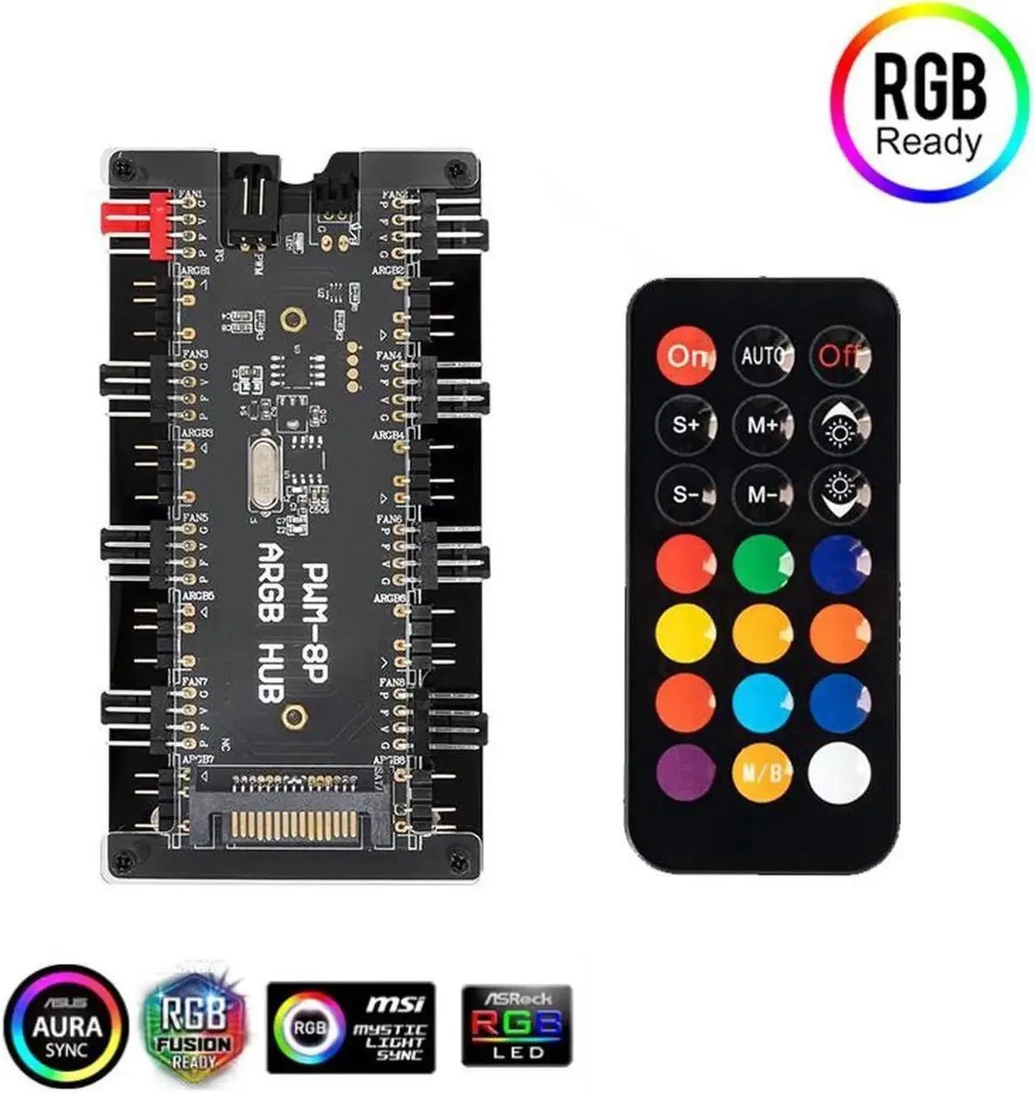 Vszerda Vszerda 2-in-1 PWM ARGB Controller Hub 8 Ports PMMA Case Magnetic Standoff 12V 5V IR Remote — product photo