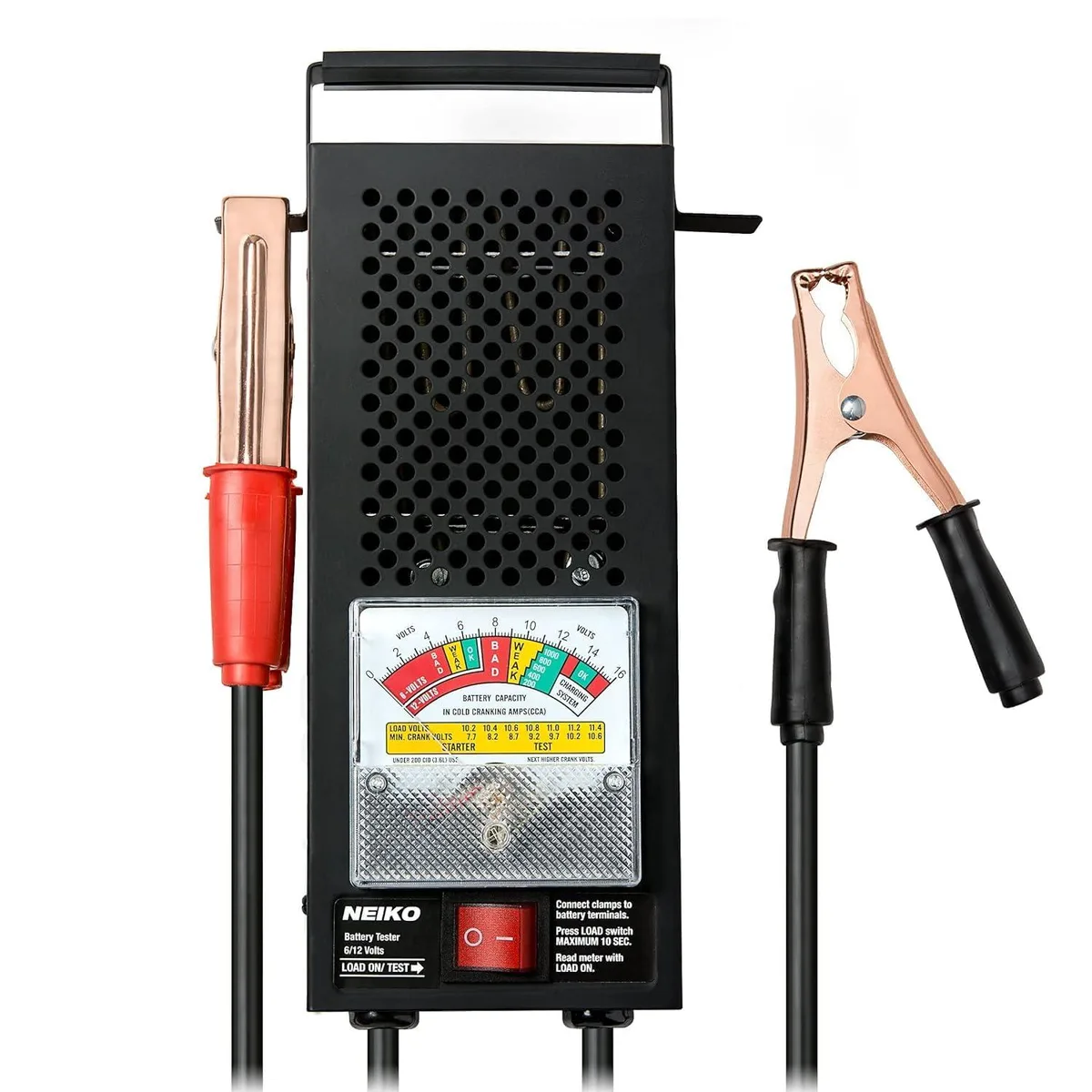 Handheld battery tester with analog meter, red and black copper clamps, top carry handle