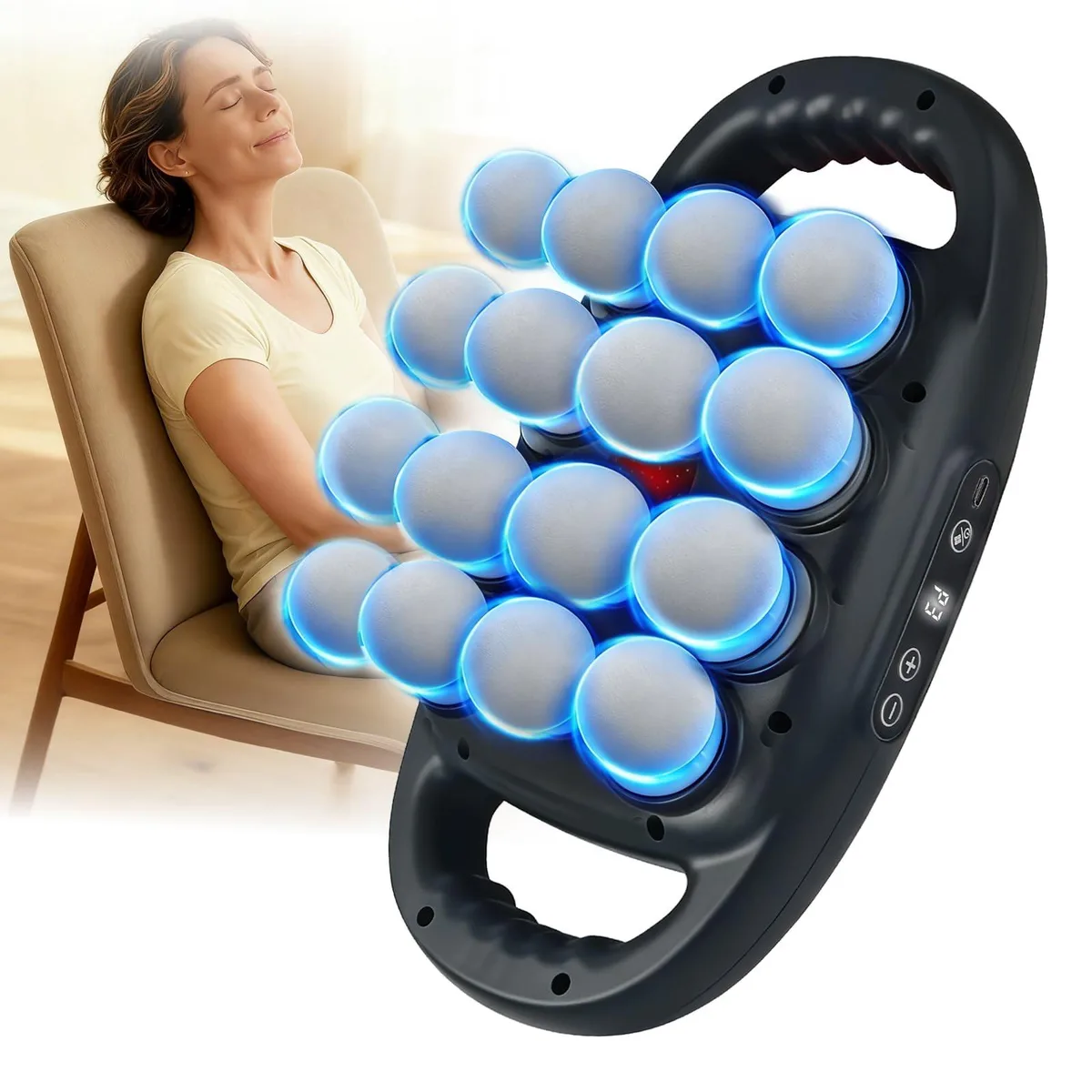 Black handheld massage gun with sixteen interchangeable heads
