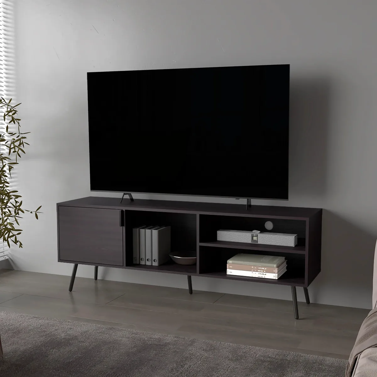 Low TV stand in dark wenge particle board with one door and open shelves