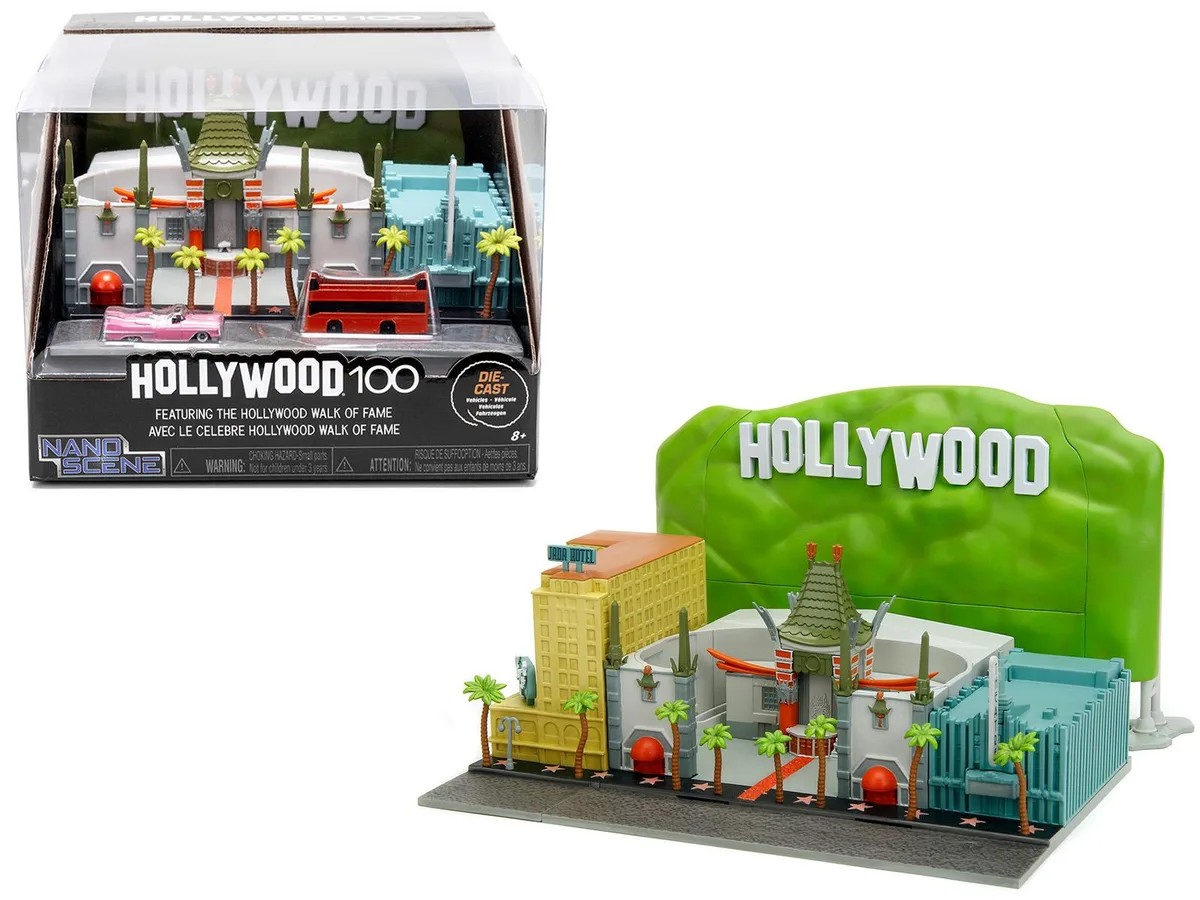 Jada Jada "Hollywood 100" Walk of Fame Diorama Pink Convertible Double-Decker Bus Nano Scene — product photo