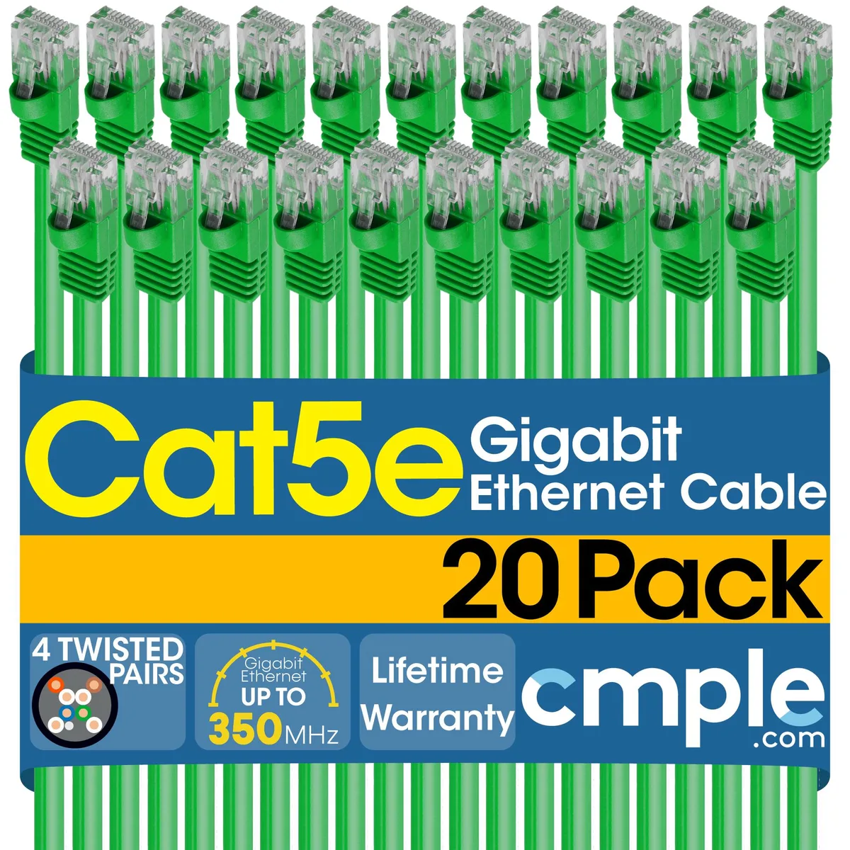CMPLE CMPLE 20 Pack Cat5e Ethernet Patch Cable 10 ft Green 350 MHz UTP 1 Gbps RJ45 — product photo