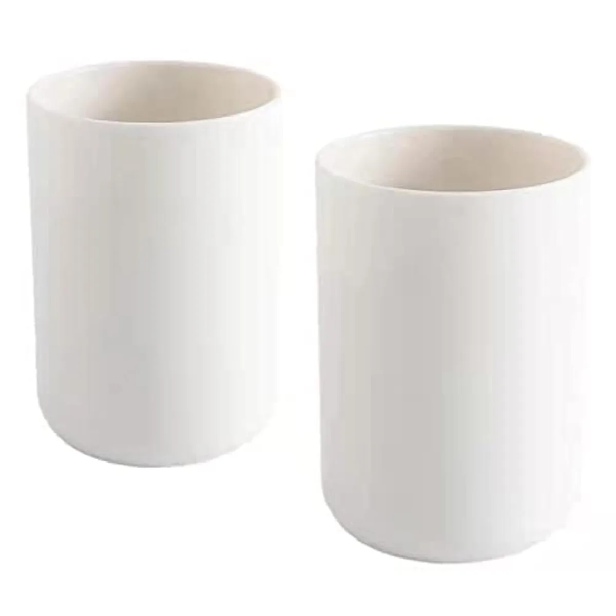 Two white plastic tumblers stacked together, 300ml each, smooth rounded rims, lightweight PP material