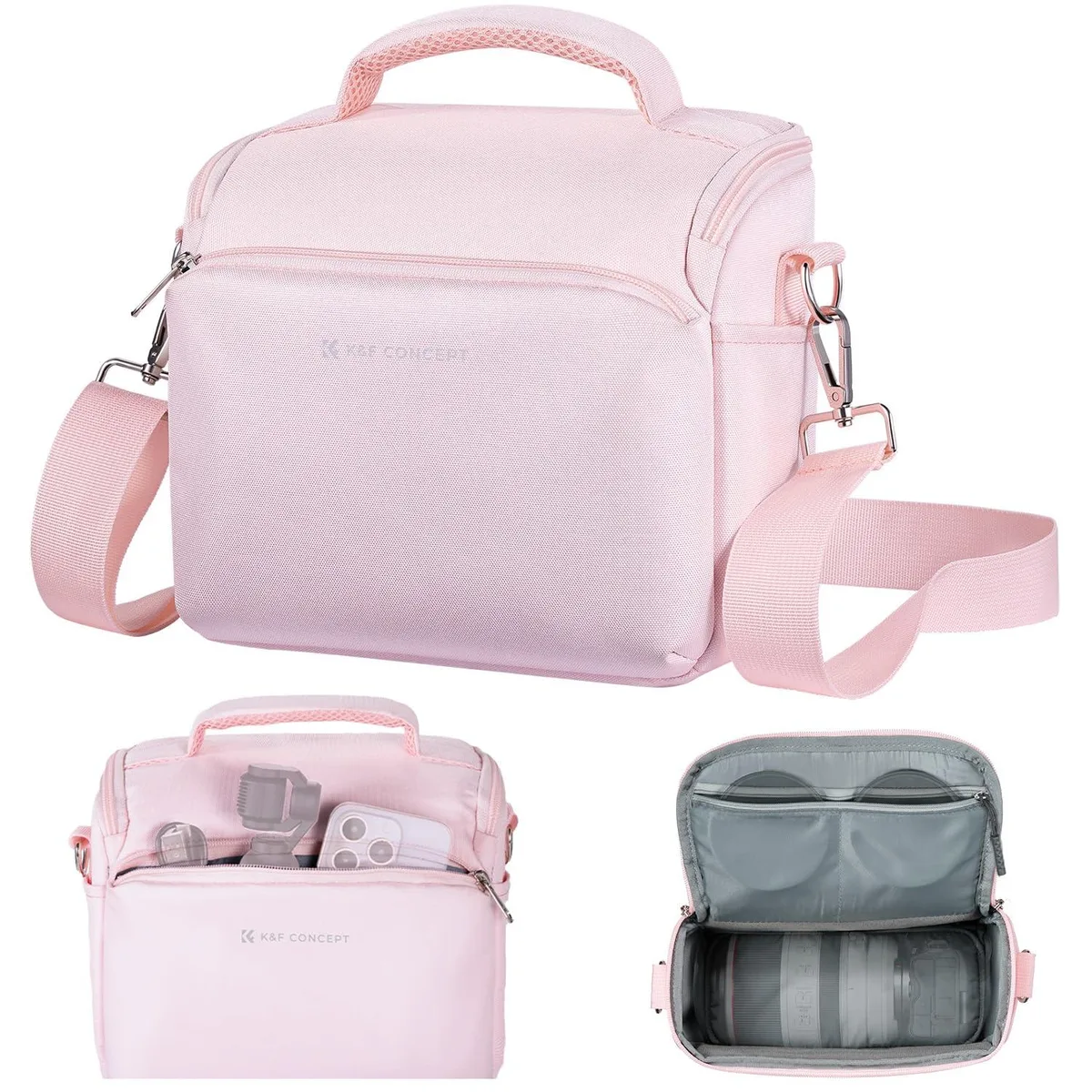 Pink polyester camera sling bag with adjustable strap and zipper closure