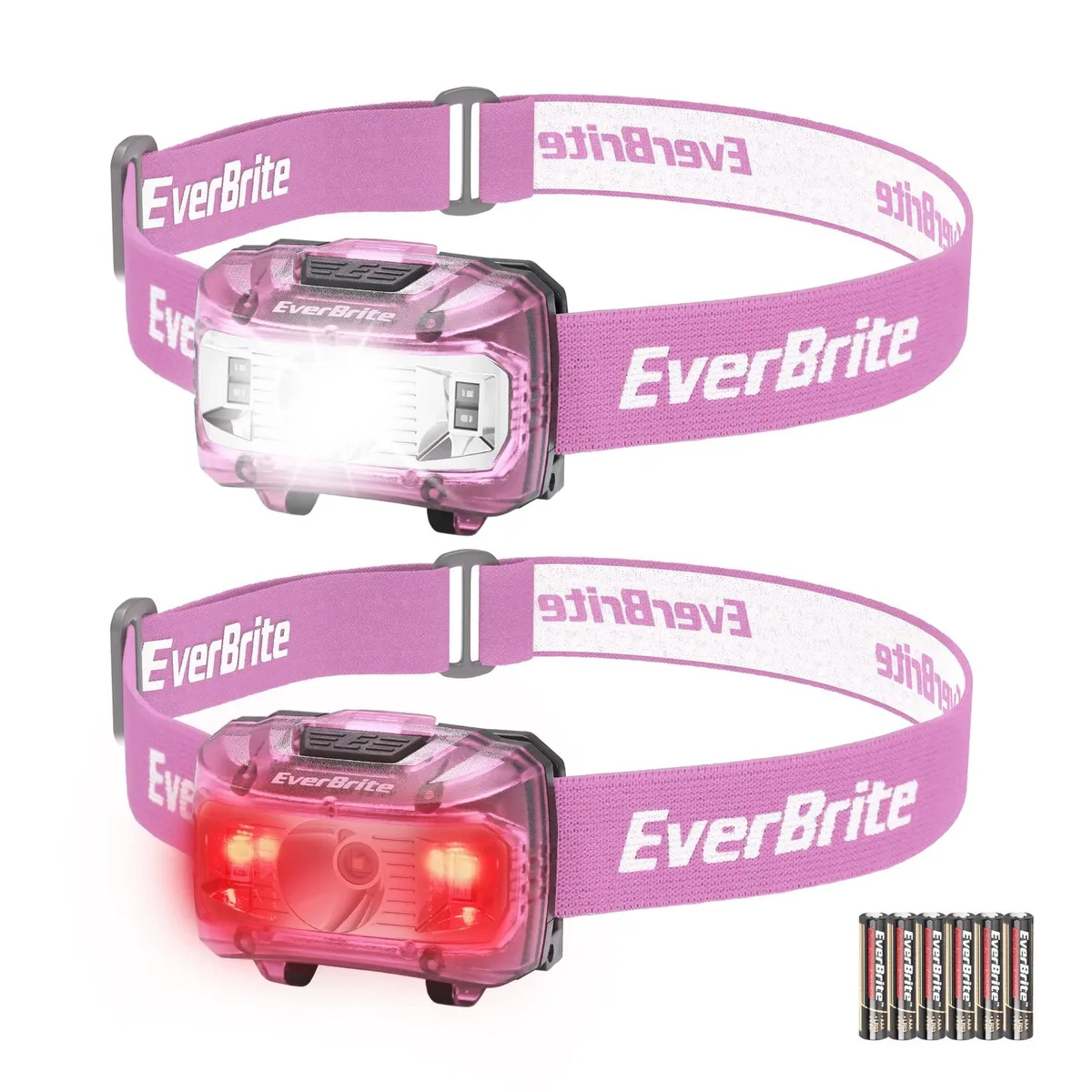 Two pink headlamps with adjustable elastic straps and tiltable light units