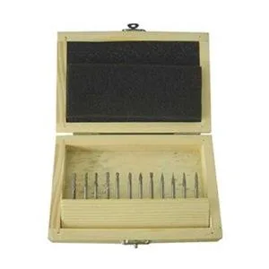 Twelve uncoated carbide burs in ball, cone, cylinder, flame, inverted cone, oval, round nose tree, tree shapes, 3/32 and 1/8 inch heads