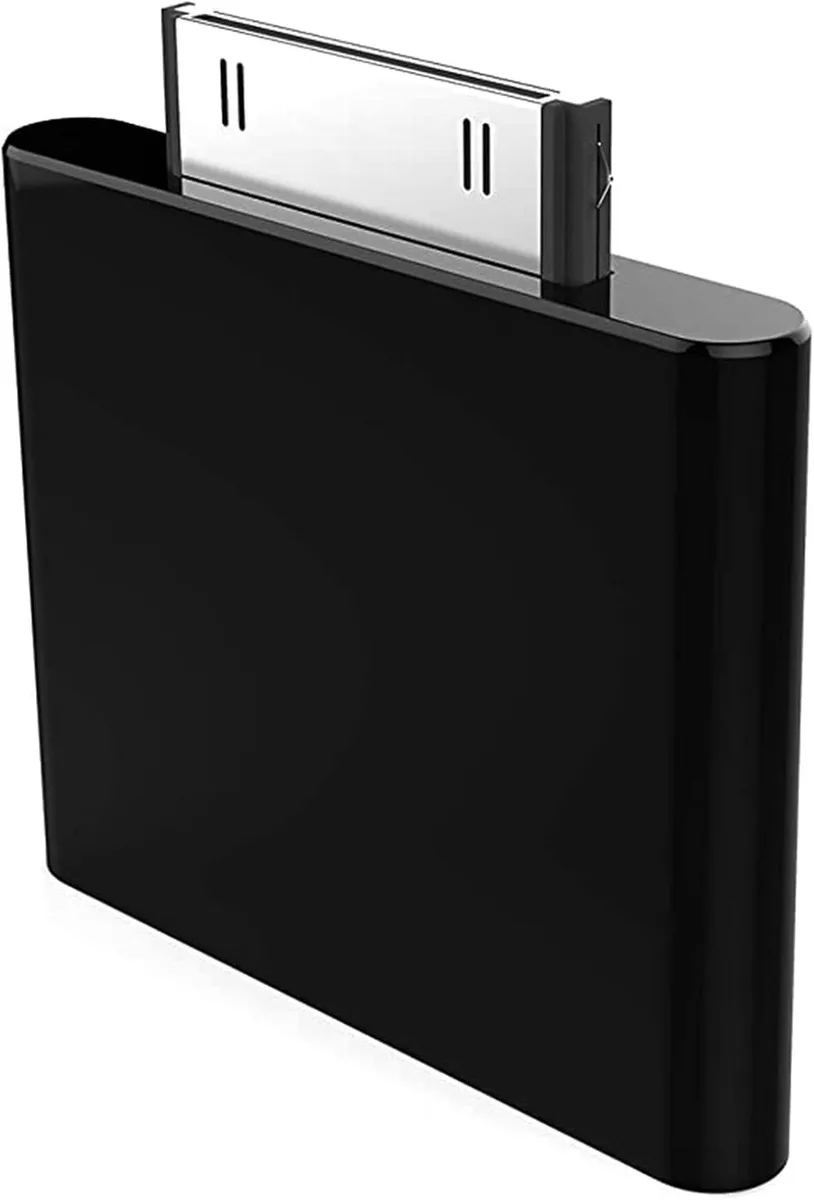 Small black rectangular Bluetooth adapter with 30-pin connector for iPod Classic