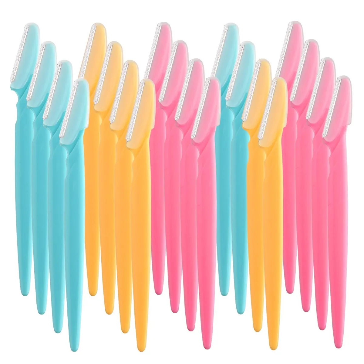 Twenty slim eyebrow razors with stainless steel blades and safety covers in a plastic case