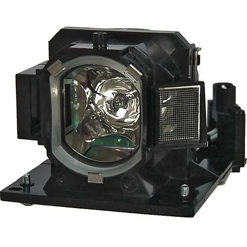 A rectangular projector lamp module with a silver metal housing and clear glass lens