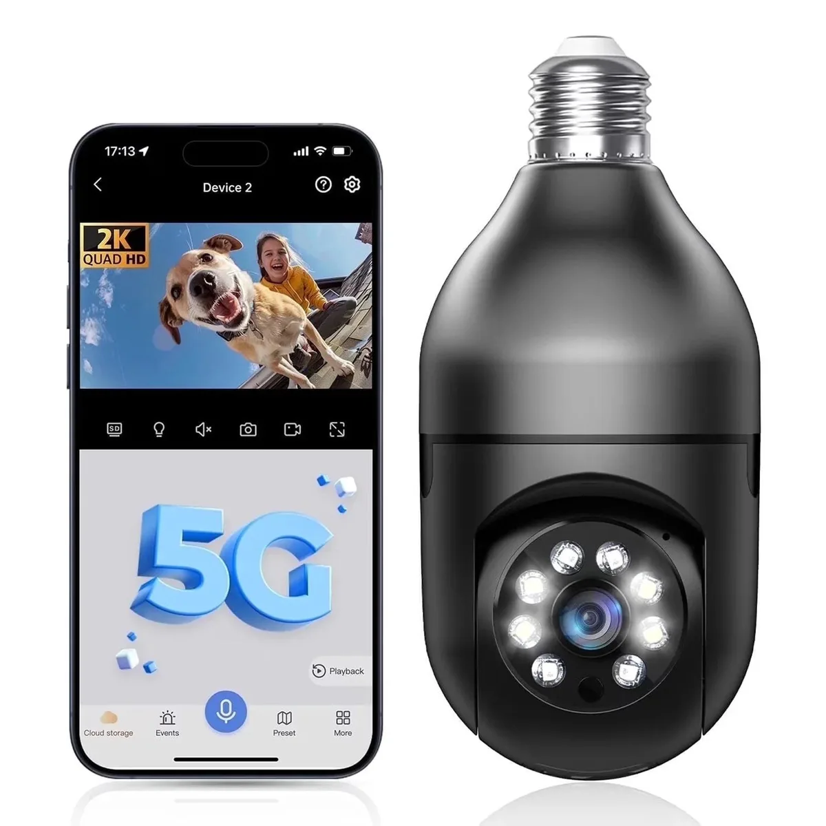 Picturesky Picturesky Lightbulb Security Camera 5G 2.4G WiFi 2K 360 IP65 33ft 128GB — product photo