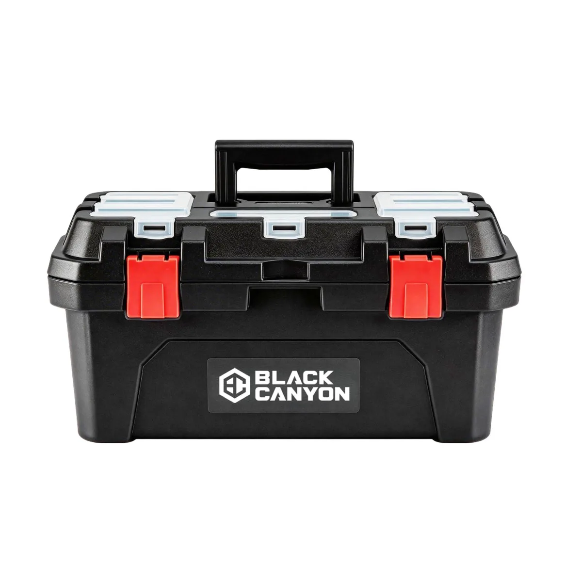 Twelve black plastic tool boxes with red latches and carry handles