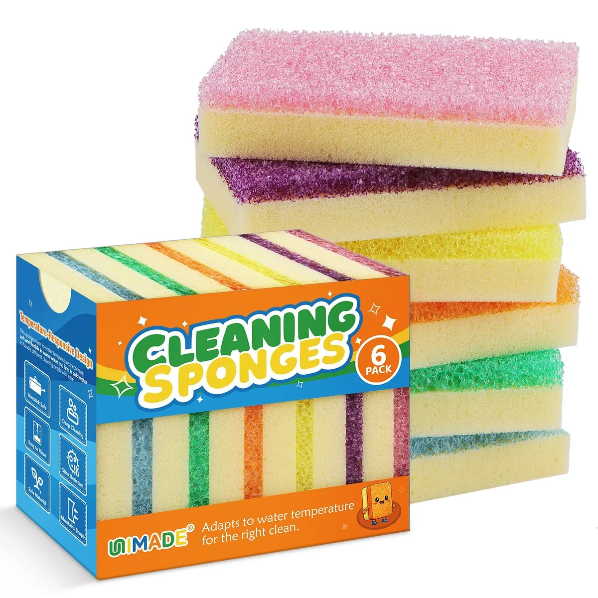 Rectangular dual-sided cleaning sponge with textured scrub surface and soft foam side