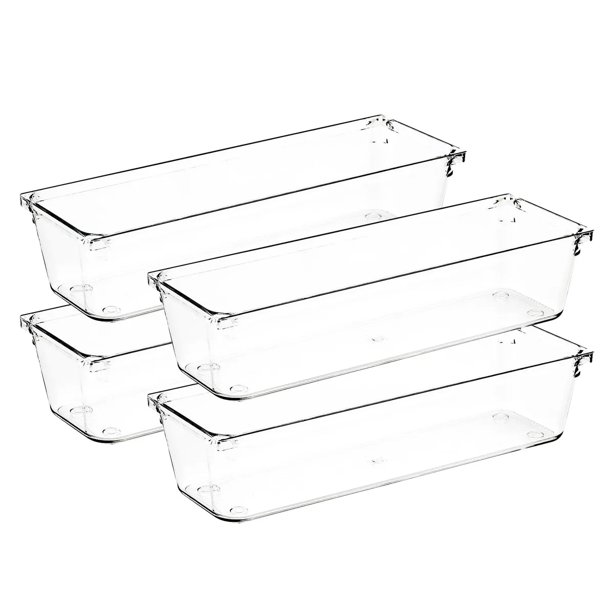 Four clear acrylic rectangular bins with non-slip pads