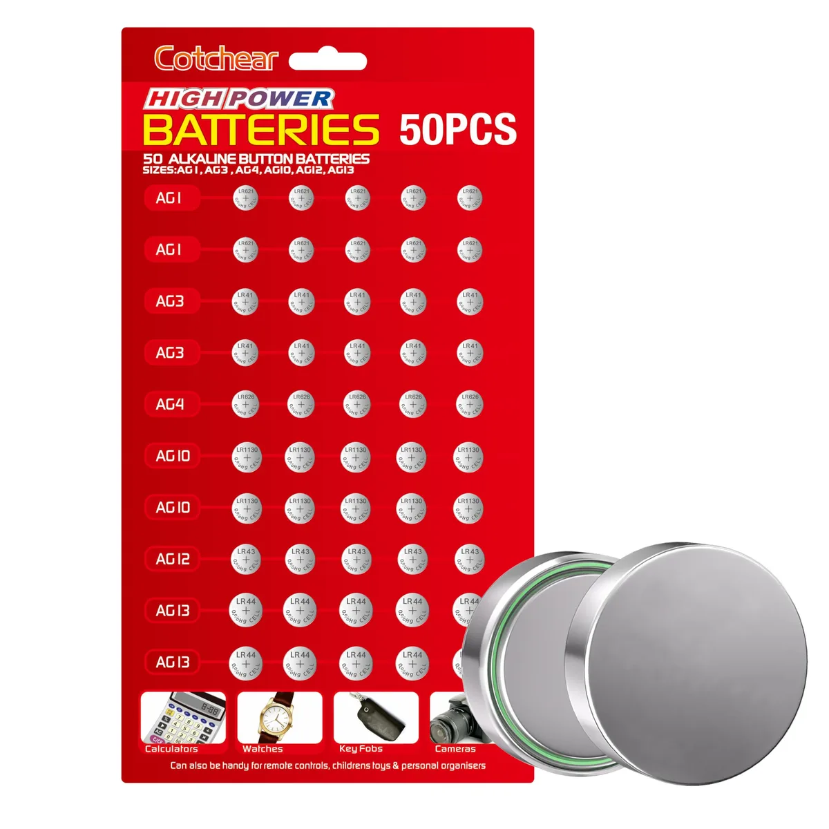 No Sew No Sew 50pcs Assorted 1.5V Coin Battery Set AG1 AG3 AG4 AG10 AG12 AG13 — product photo
