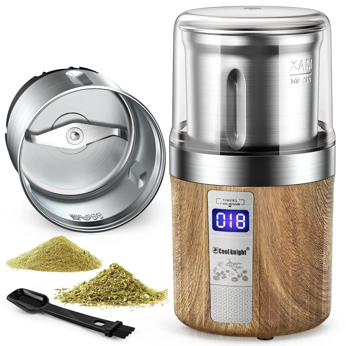 Compact wood-grain electric grinder with transparent lid and LED timer display