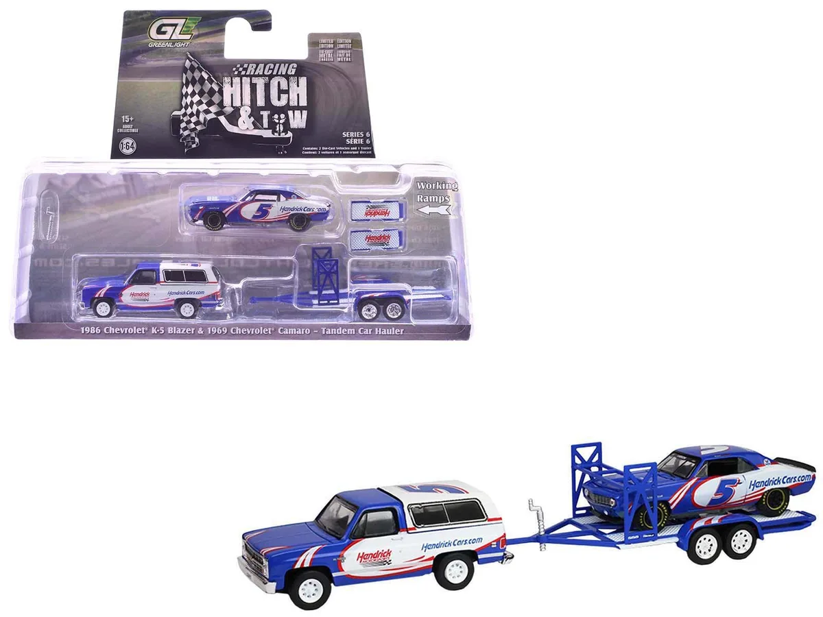 GREENLIGHT GREENLIGHT 1986 Chevrolet K5 Blazer &amp; 1969 Camaro #5 with Trailer 1/64 Diecast Set — product photo