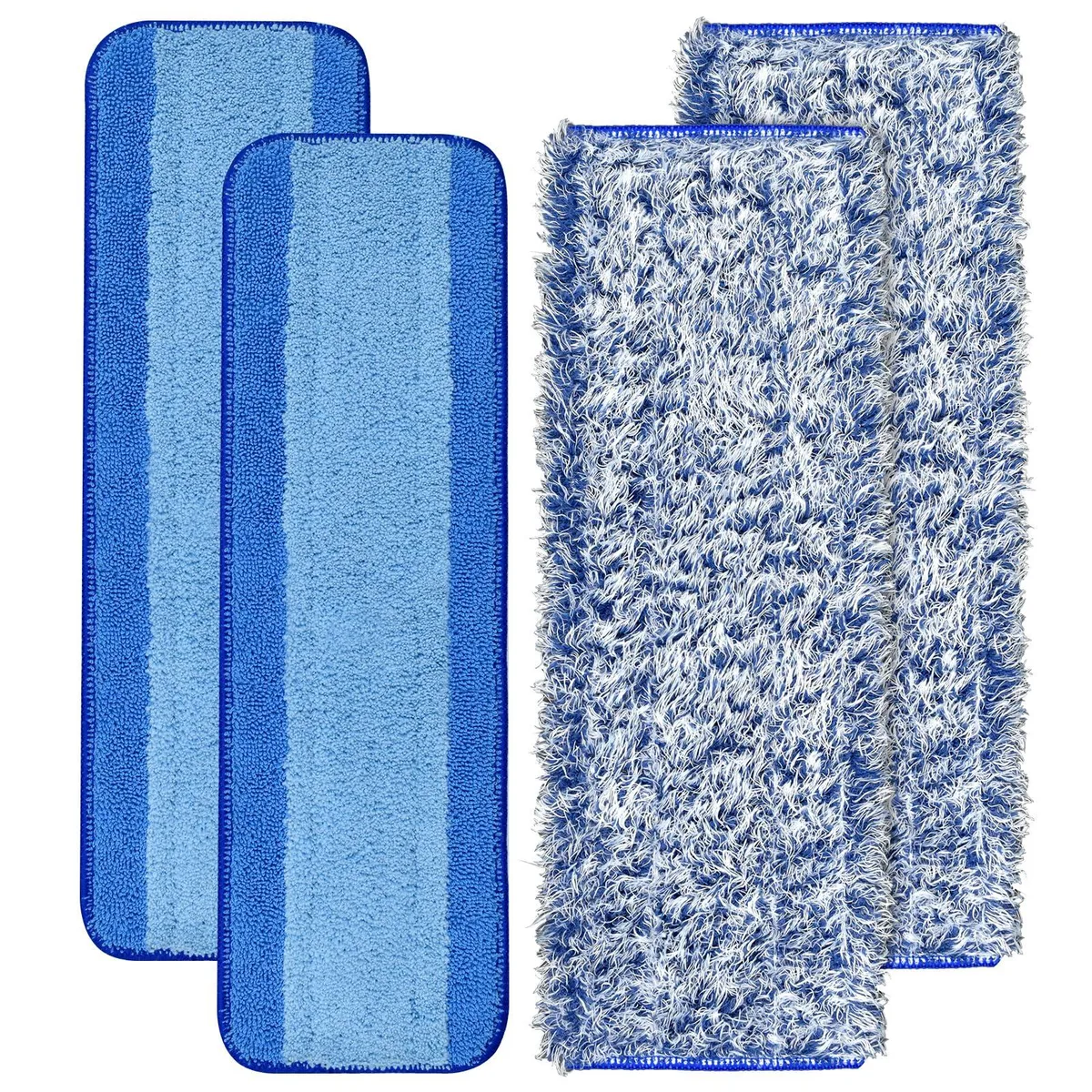 Four white microfiber mop pads, two dark blue and two light blue, rectangular 18 by 5.3 inch