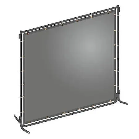 Transparent gray PVC welding screen on powder-coated frame with platform legs and grommets
