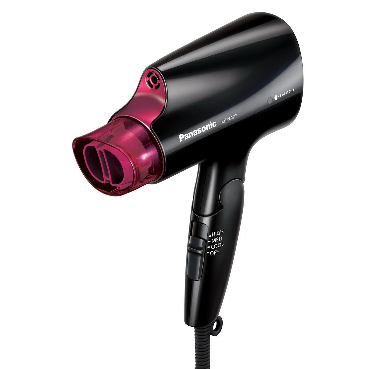 Black folding hair dryer with pink accents and folding handle