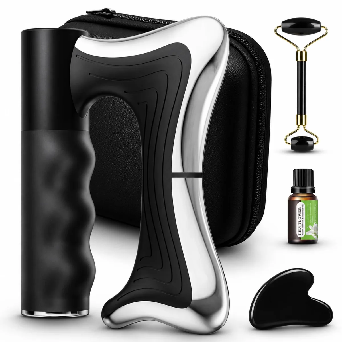 Black heated massager with jade roller and gua sha stone