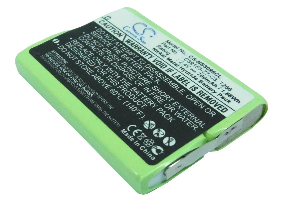 Small rectangular battery pack with wire connector, light-coloured plastic casing, compact size