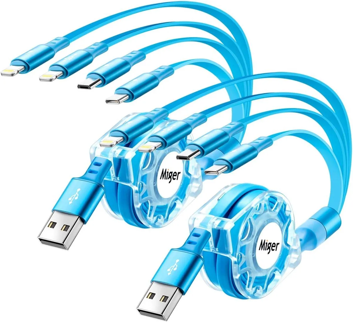 Two retractable 4 in 1 charging cables with Lightning Type C Micro USB connectors in compact housing