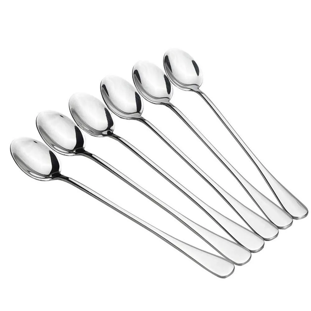 Ten silver stainless steel long-handle iced tea spoons lying flat