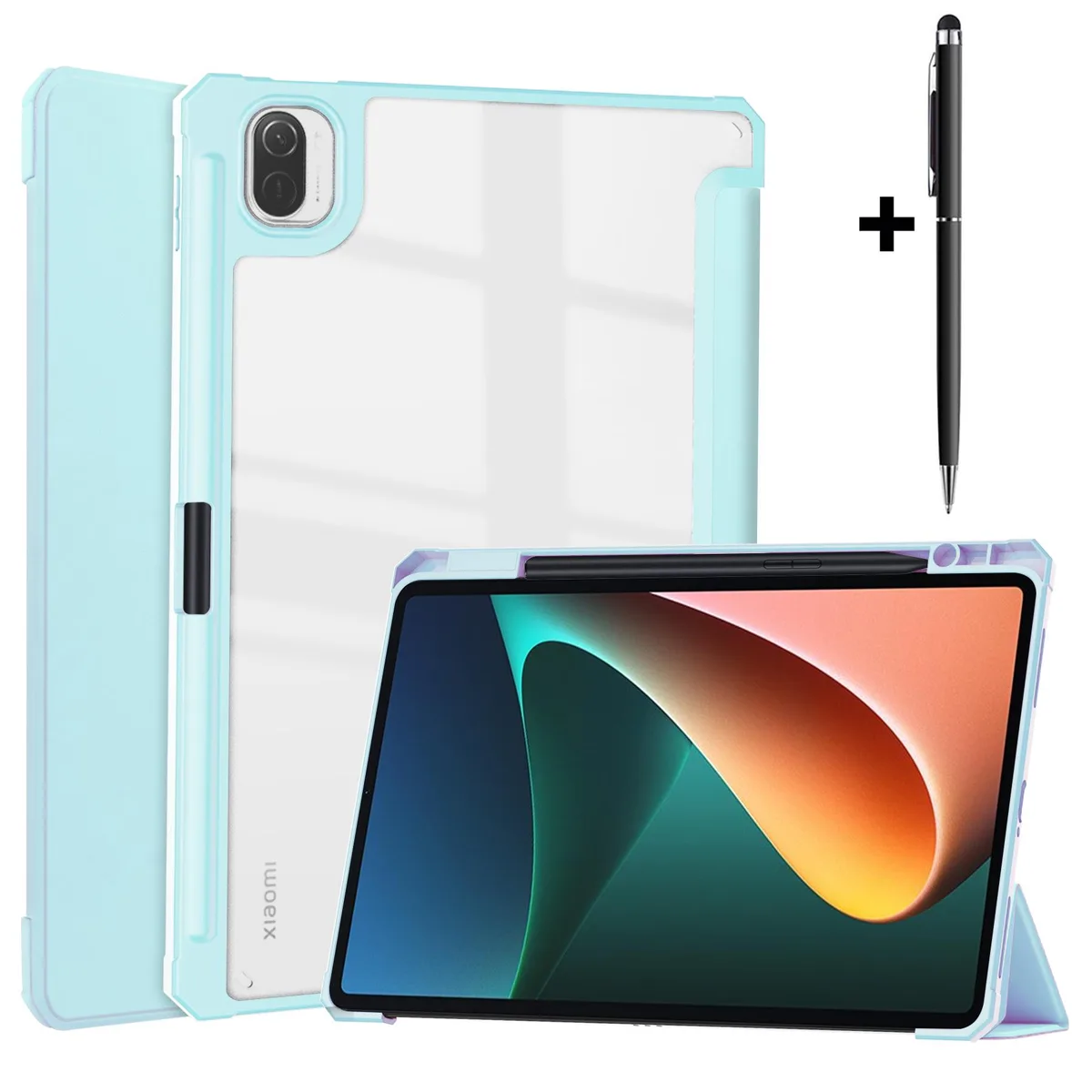 Sky blue tablet case with transparent hard back and trifold stand