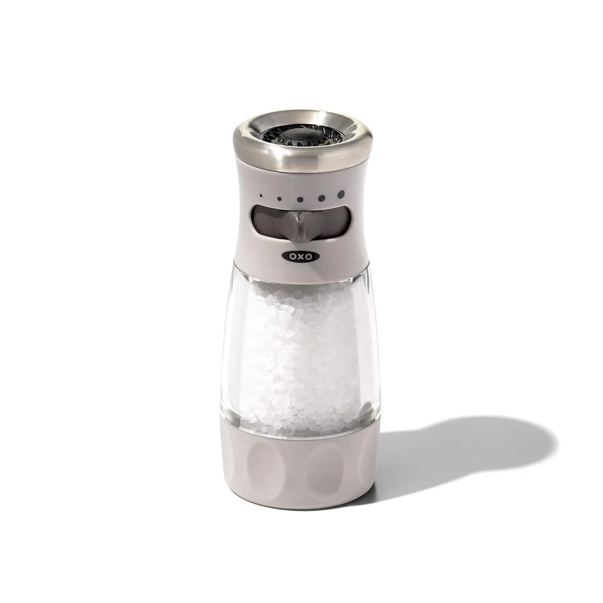 Gray ceramic salt grinder with contoured non-slip knob, 7.8 inches tall