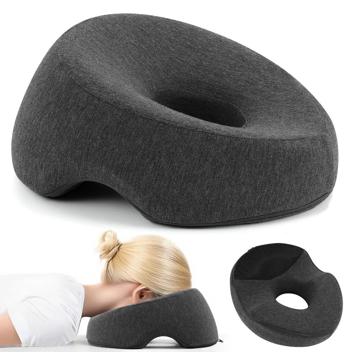 Black face-down memory foam pillow with dual air vents, contoured facial groove and removable cover