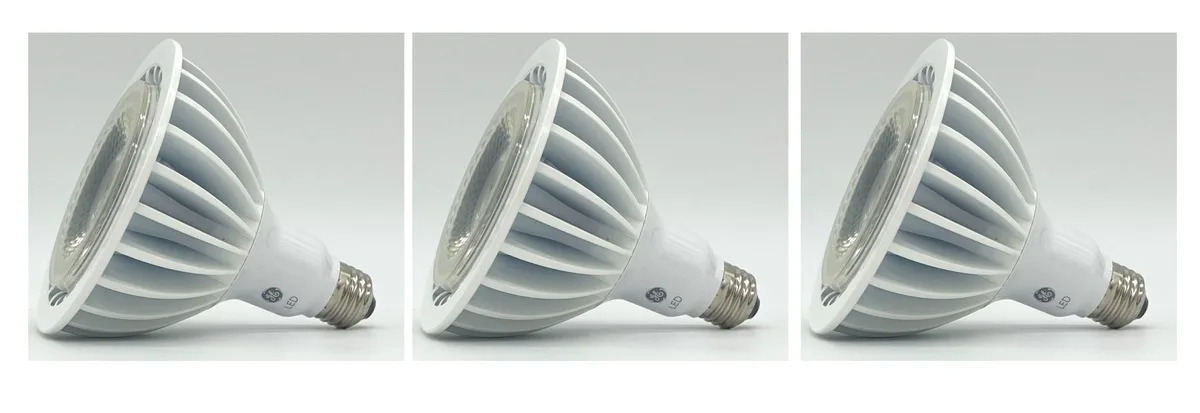 Three GE PAR38 LED floodlight bulbs in a pack