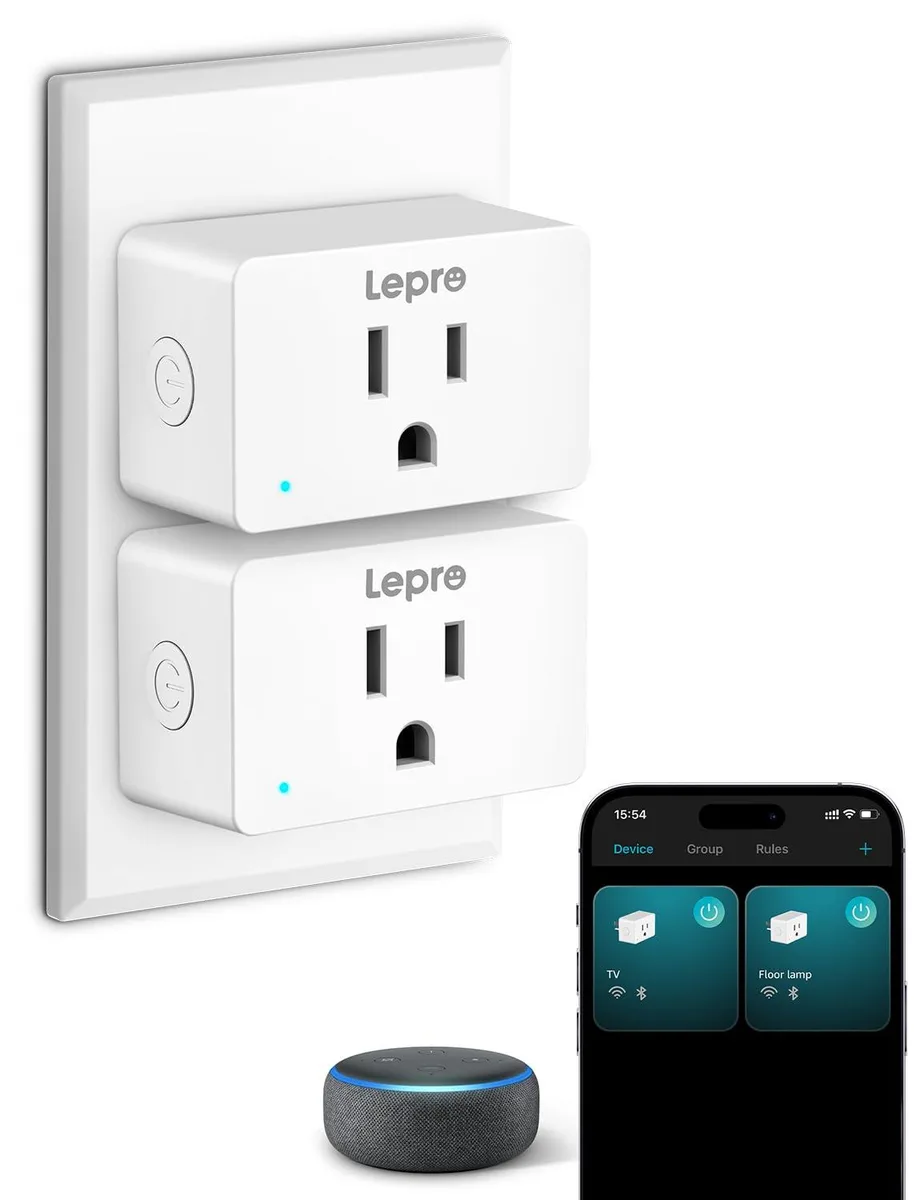 Two compact white smart plugs with indicator lights