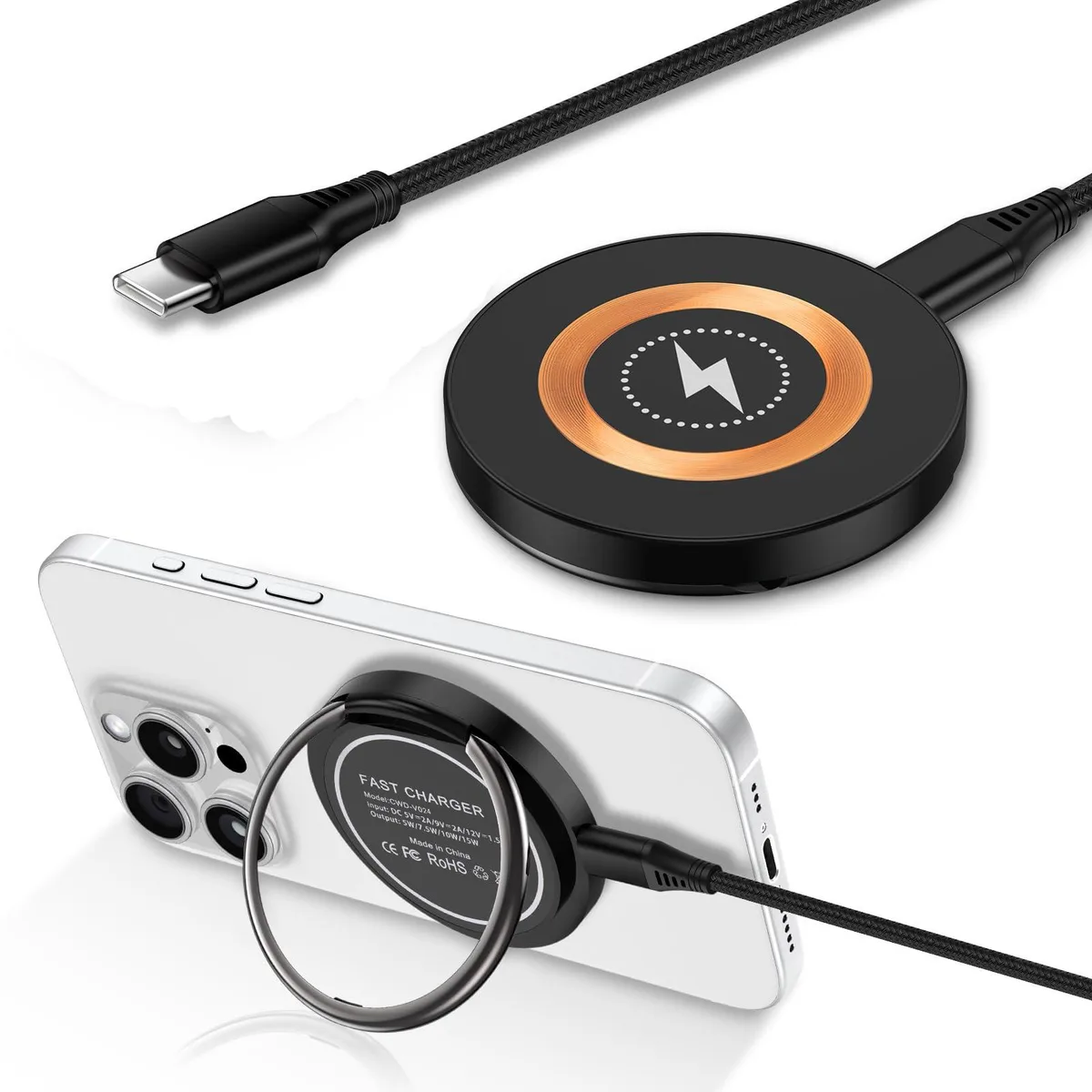 A flat round magnetic charging pad on an adjustable stand with a USB-C cable attached