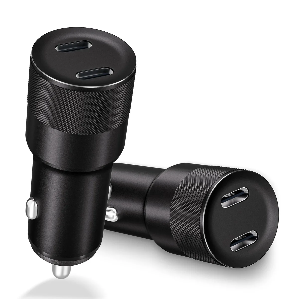 Two black car chargers with dual USB-C ports and blue LED indicator