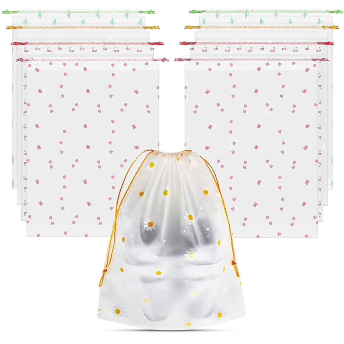 Eight yellow-patterned shoe bags with drawstring closures shown together