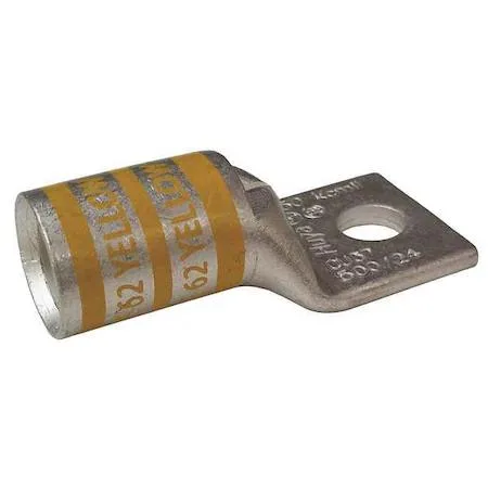 Copper compression lug, short barrel, yellow colour code, one 3/8 in stud hole