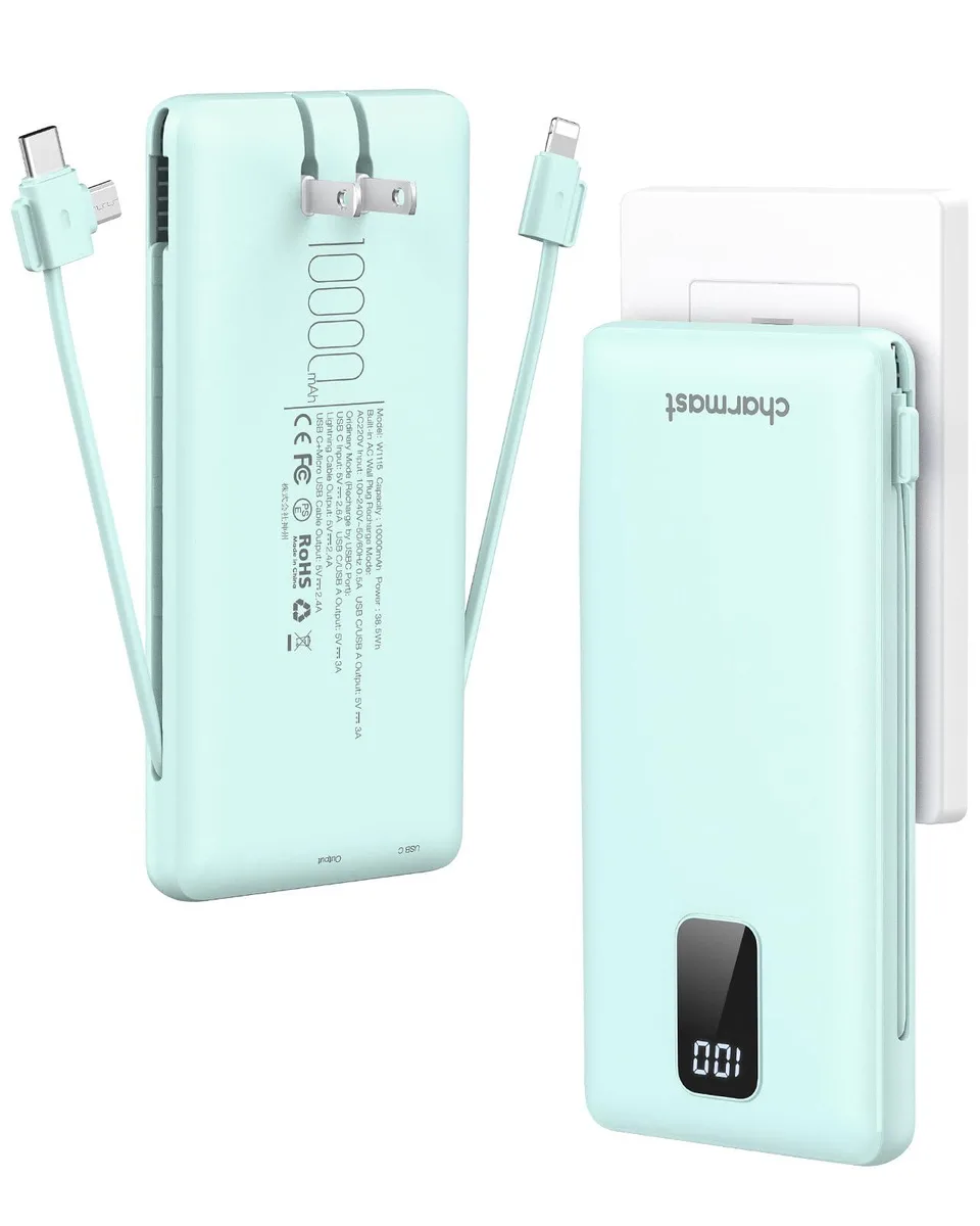 Cyan rectangular power bank with built-in cables and fold-out wall plug, rubberised finish