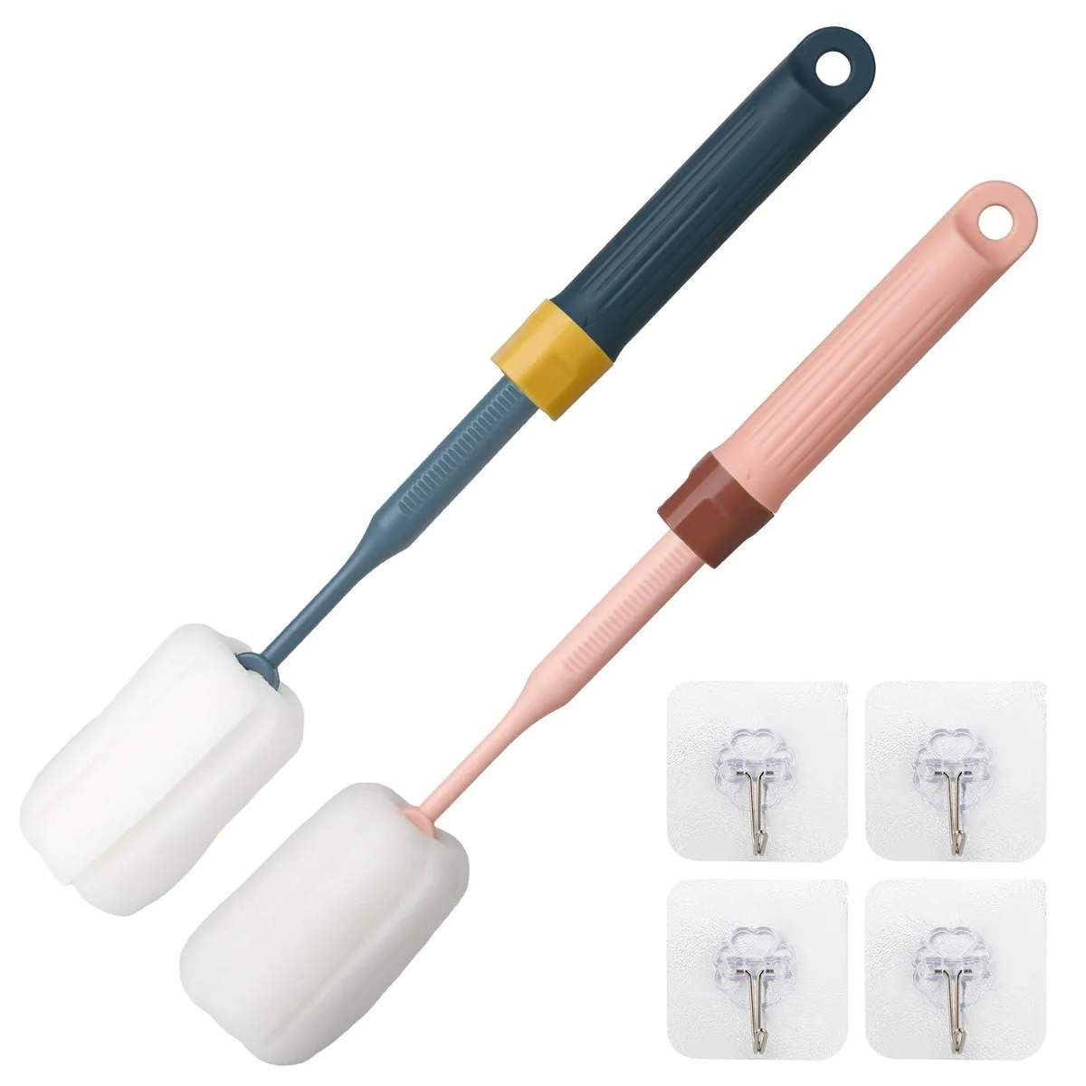 Two adjustable 12.9 inch sponge bottle brushes with hooks and straw brushes